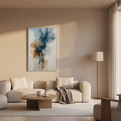 Modern living room with a beige sofa, abstract painting, and wooden coffee table.