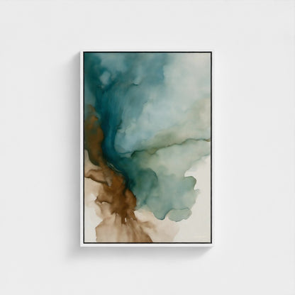 Abstract art print with blue, green, and brown colors on a white background