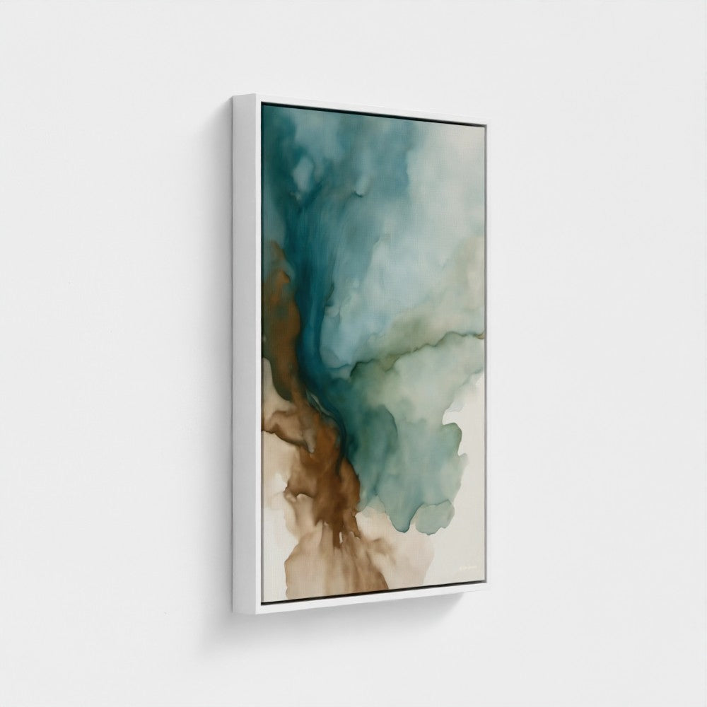 Abstract art painting with blue and brown tones on a white background