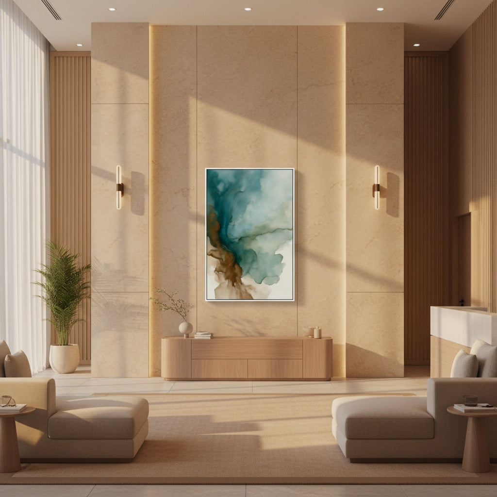 Modern living room with beige walls, furniture, and a decorative painting.