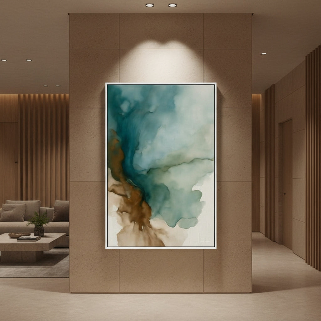 Abstract art piece on a wall in a modern living room setting