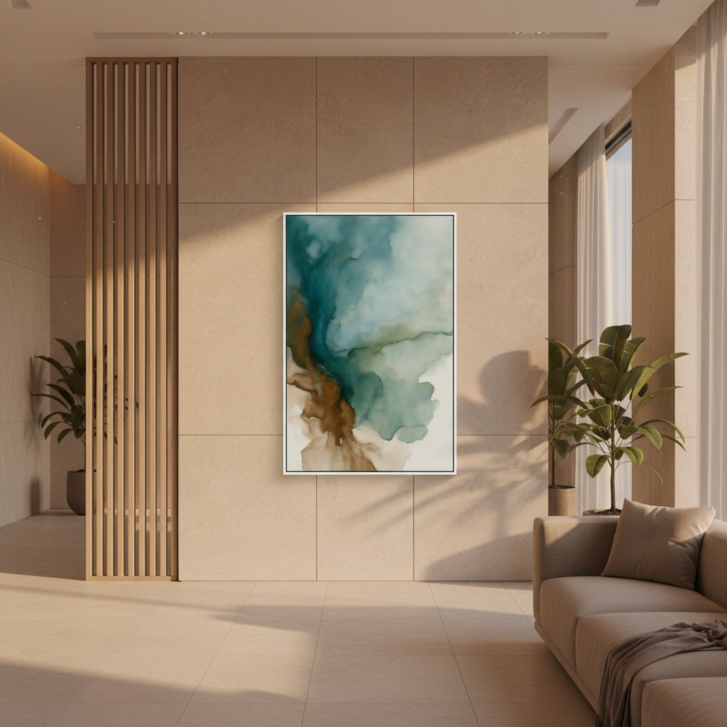 Modern living room with abstract art on the wall, plants, and a sofa.