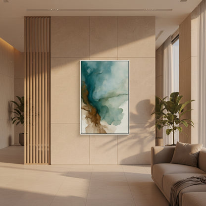 Modern living room with abstract art on the wall, plants, and a sofa.