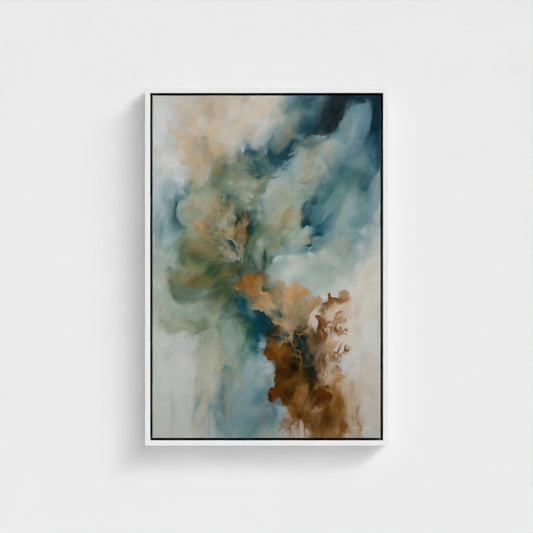 Abstract art print with earthy tones in a black frame on a white background