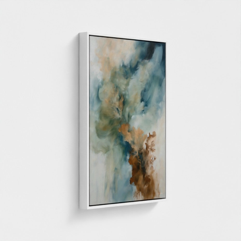 Abstract painting with earthy tones in a white frame on a light gray background