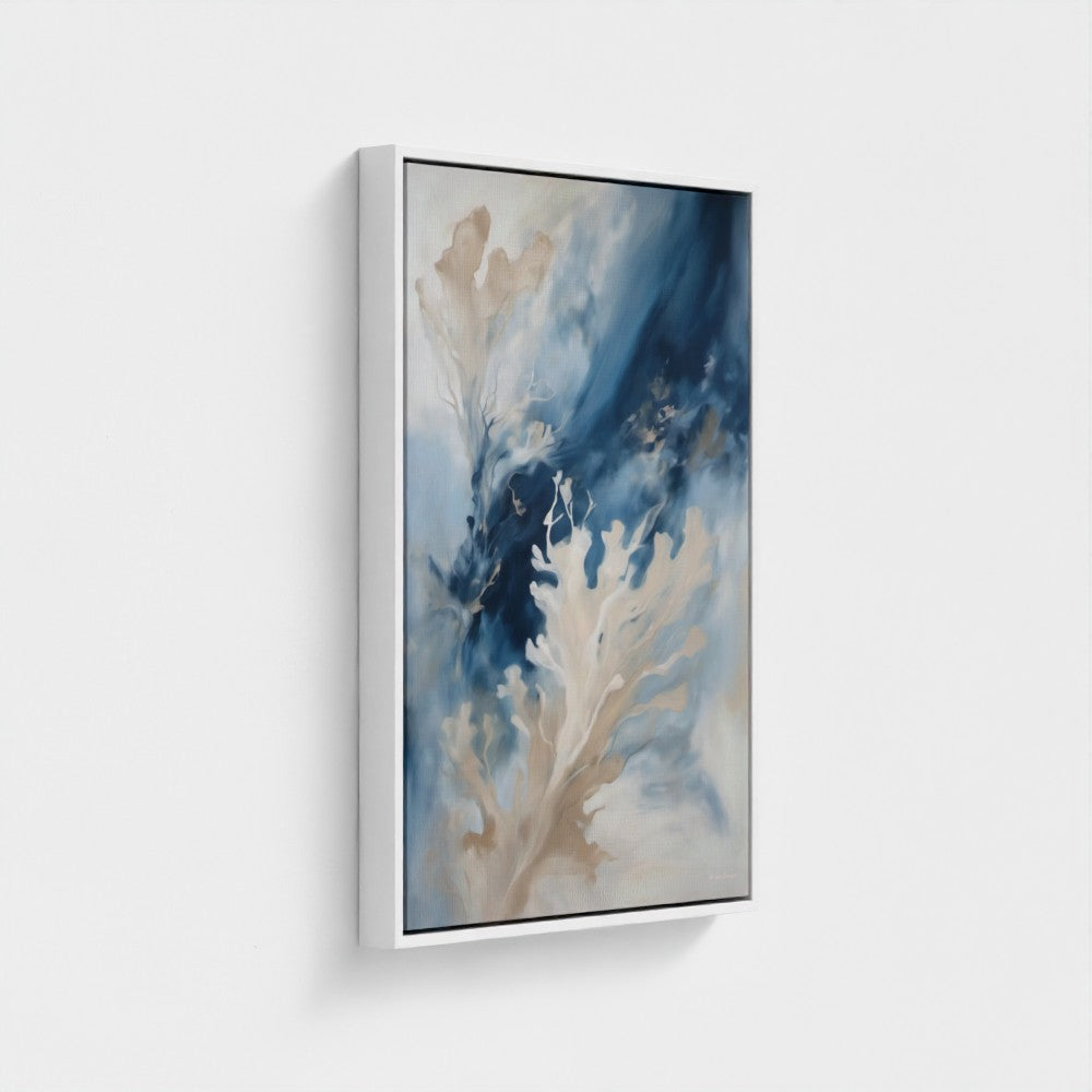 Framed artwork of underwater scene with blue and beige tones on a white background