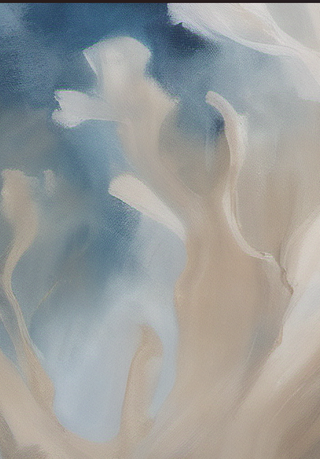 Abstract art with wavy lines in blue, beige, and white