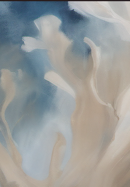 Abstract art with wavy lines in blue, beige, and white