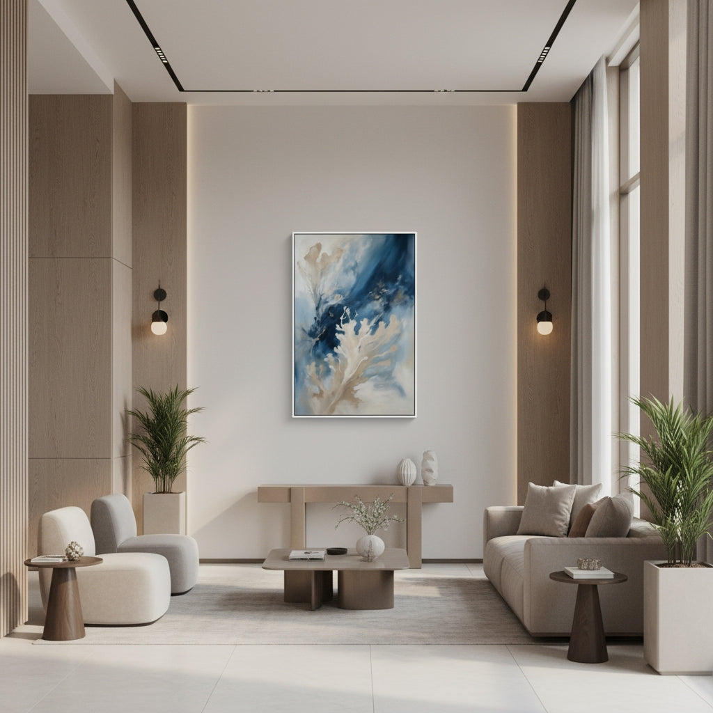 Modern living room with abstract art, furniture, and plants.