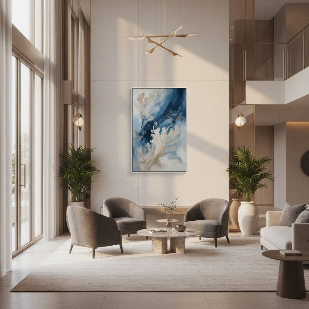 Modern living room with gray chairs, a coffee table, and a decorative painting on the wall.
