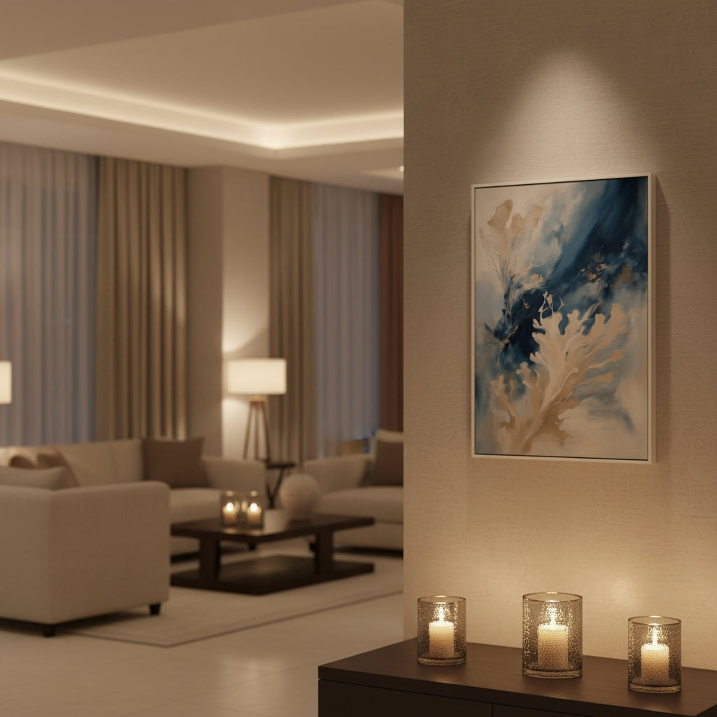 Modern living room with a painting on the wall and candles on a table.