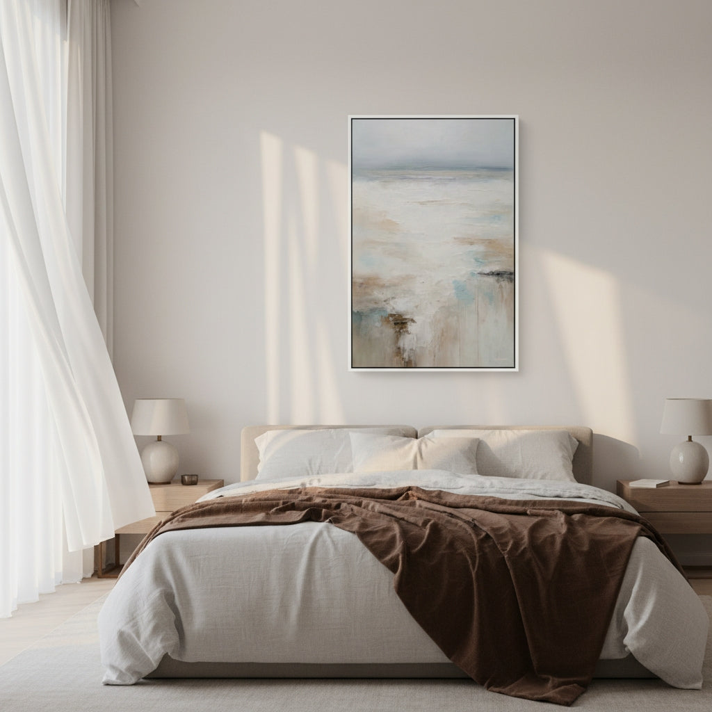 Modern bedroom with a bed, abstract painting on the wall, and side tables.