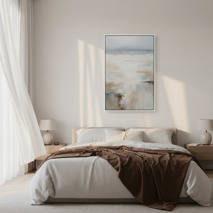 Modern bedroom with a bed, abstract painting on the wall, and side tables.