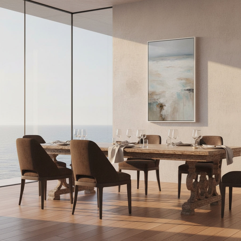 Dining room with wooden table and chairs by a large window with a view of the ocean.