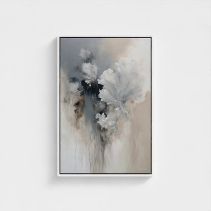 Abstract art print with black, white, and gray tones on a light gray background