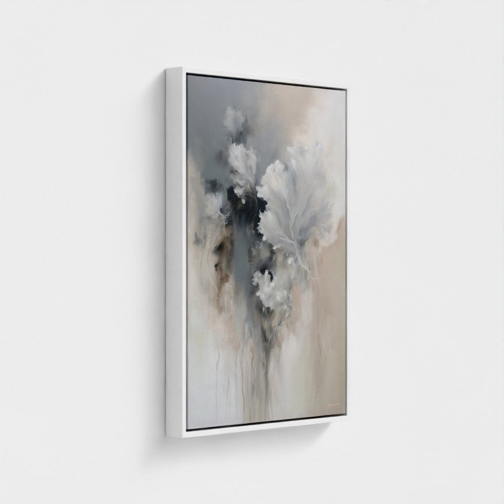 Abstract painting with soft colors on a light gray background