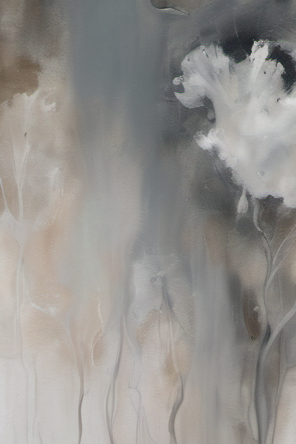 Abstract art with white flowers on a textured gray background