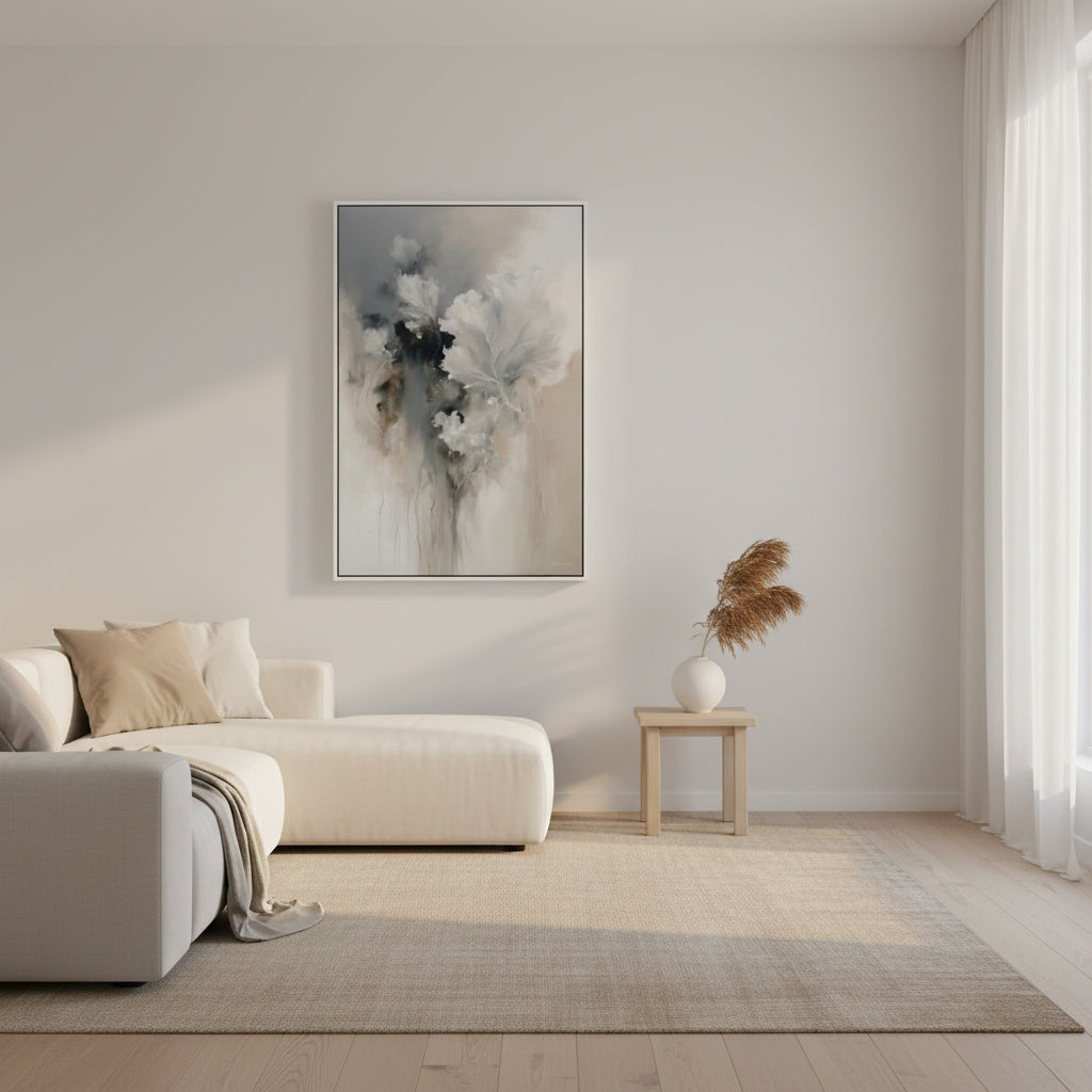 Modern living room with a white sofa, abstract painting, and decorative vase.