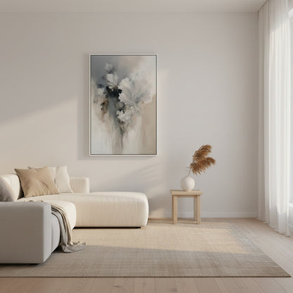 Modern living room with a white sofa, abstract painting, and decorative vase.