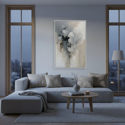 Modern living room with a gray sofa, abstract painting, and wooden coffee table.
