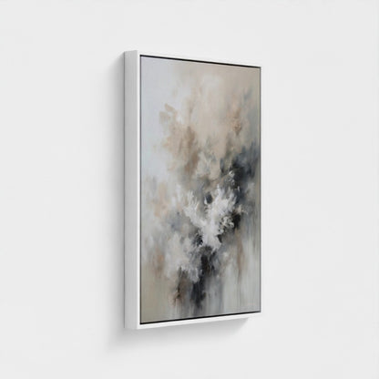 Abstract art piece with earthy tones in a white frame on a light gray background