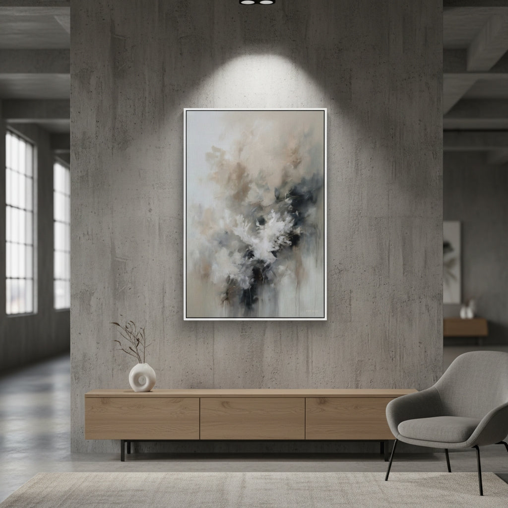Modern interior with abstract painting on a textured wall, wooden cabinet, and gray chair.