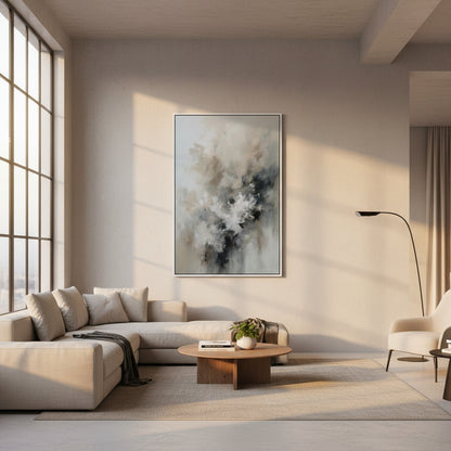 Modern living room with a sectional sofa, coffee table, and abstract painting on the wall.