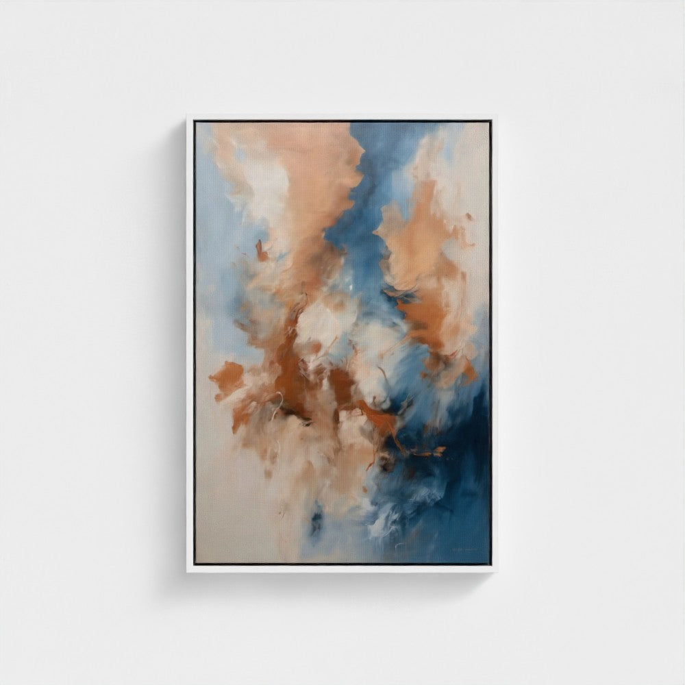 Abstract art piece with brown and blue colors on a white background
