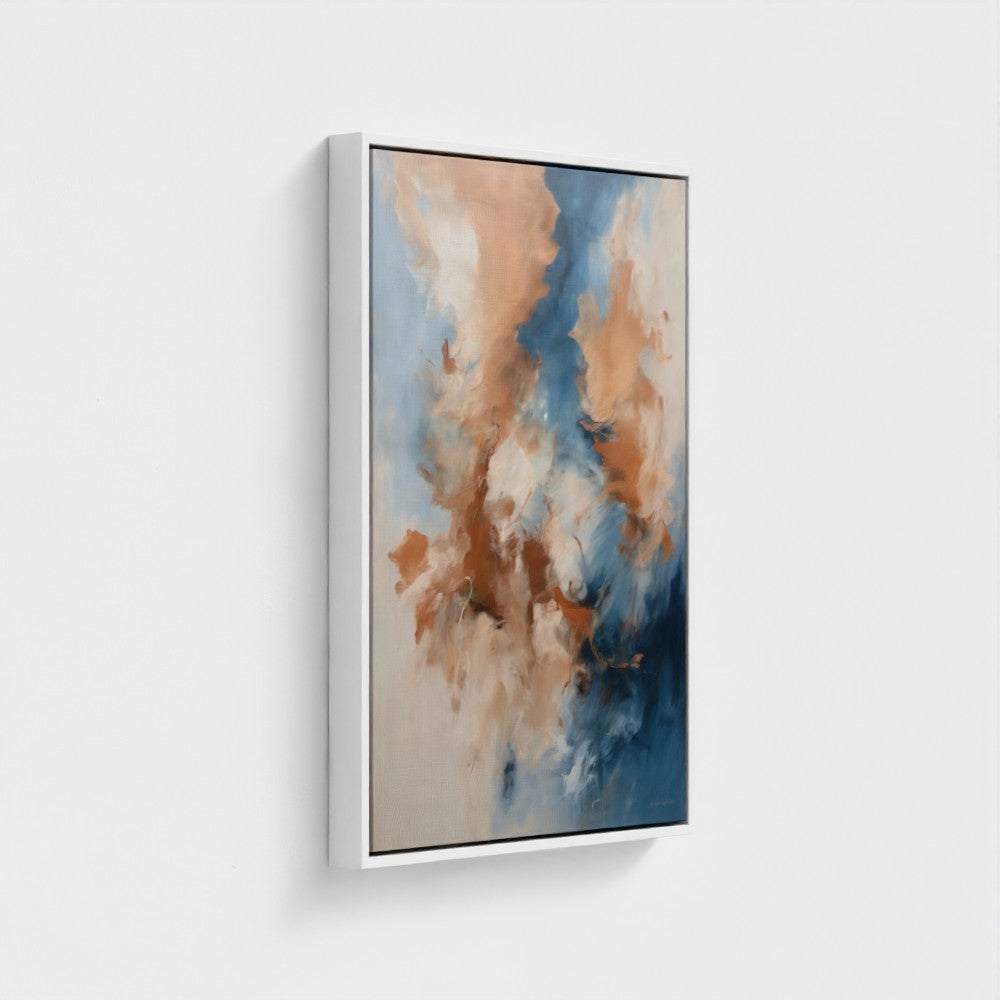 Framed abstract painting with brown, blue, and beige colors on a white background