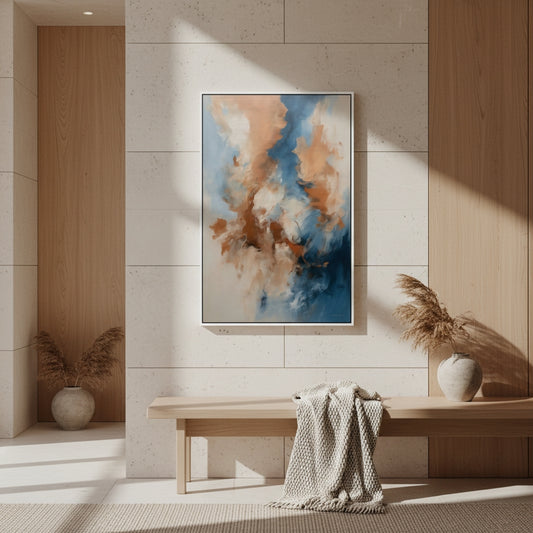 Modern interior with abstract art on a wall, wooden bench, and decorative plants.