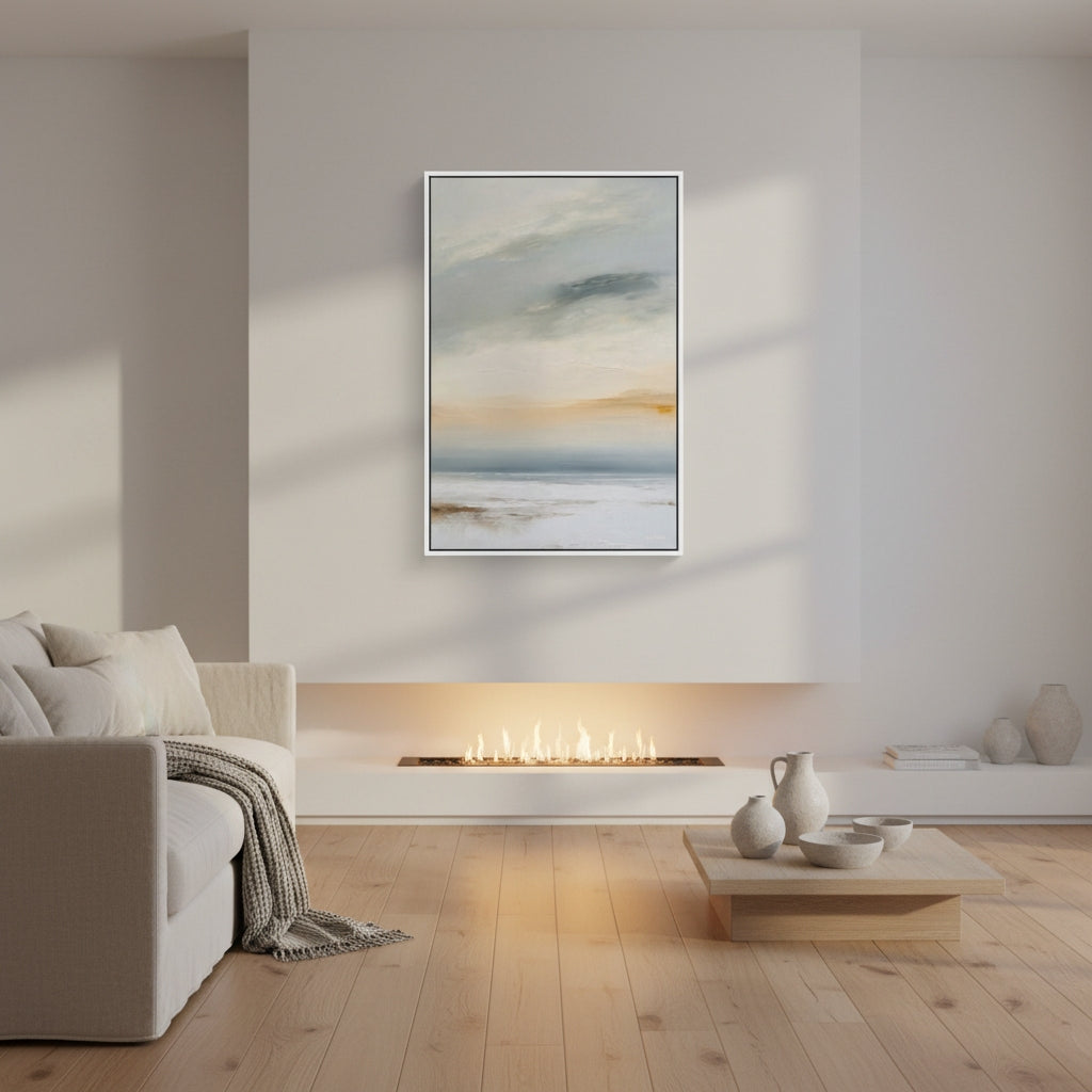 Modern living room with a fireplace, sofa, and abstract art on the wall.