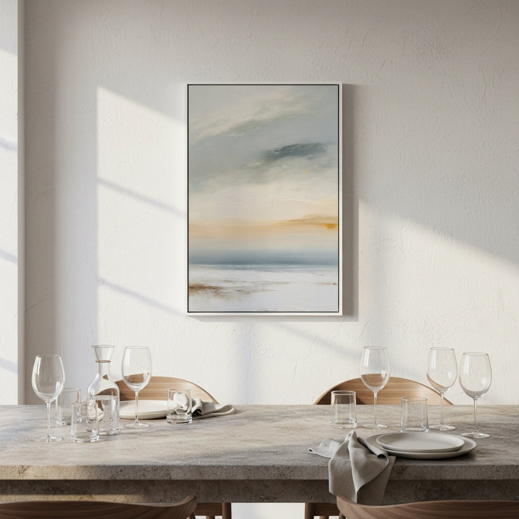 Abstract painting on a wall above a dining table with glasses and plates.