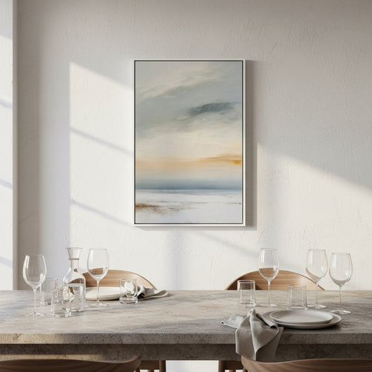 Abstract painting on a wall above a dining table with glasses and plates.