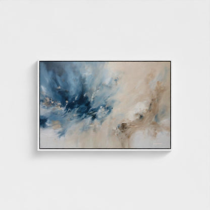 Abstract painting with blue and beige tones on a white wall