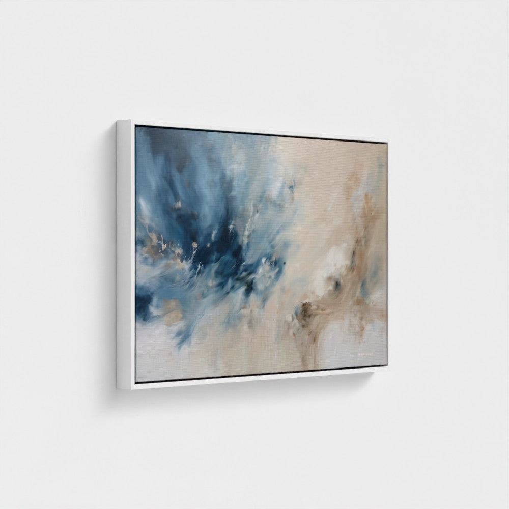 Abstract art piece with blue and beige tones on a white wall