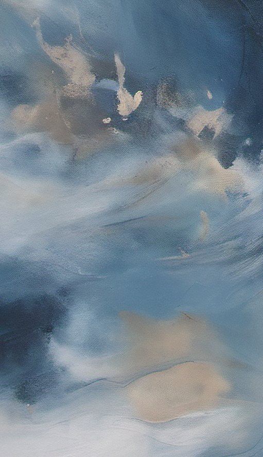 Abstract art with swirling blue, white, and beige colors