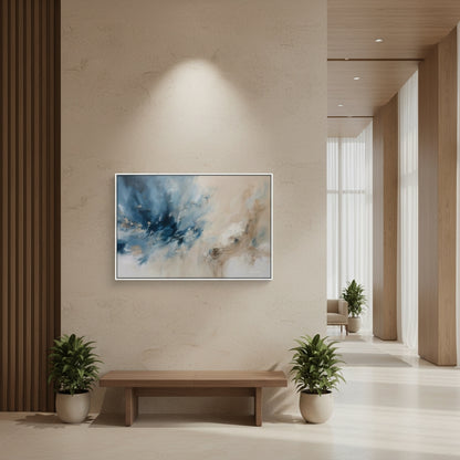 Modern interior with abstract painting on a wall, wooden bench, and potted plants.