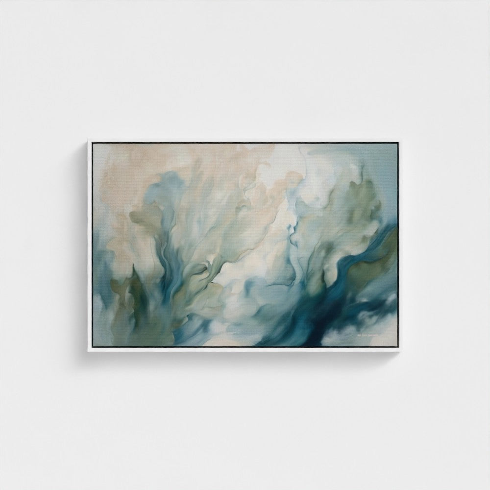 Abstract painting with blue and green tones on a white wall