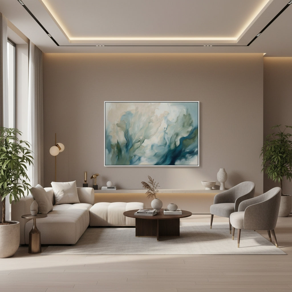 Modern living room with a painting on the wall, sofa, chairs, and decorative items.