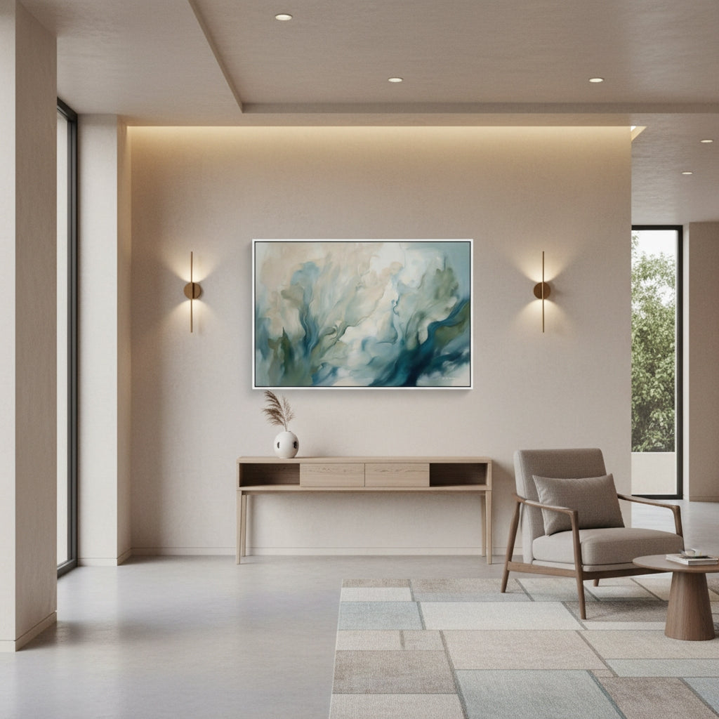 Modern living room with abstract painting, console table, and armchair.