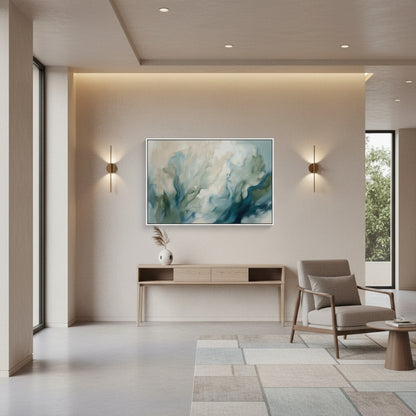 Modern living room with abstract painting, console table, and armchair.