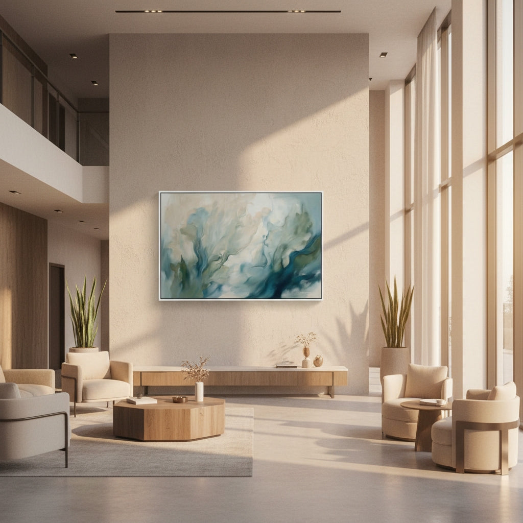 Modern living room with abstract painting on wall, furniture, and decor.
