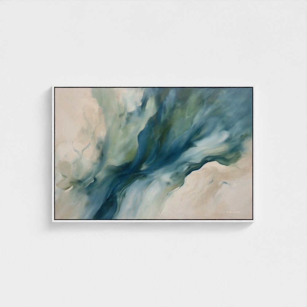 Abstract art piece with swirling blue and beige colors on a white wall