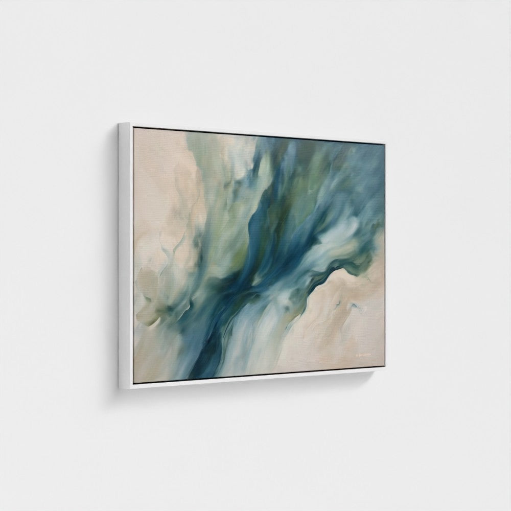 Abstract art piece with blue and beige tones on a white wall