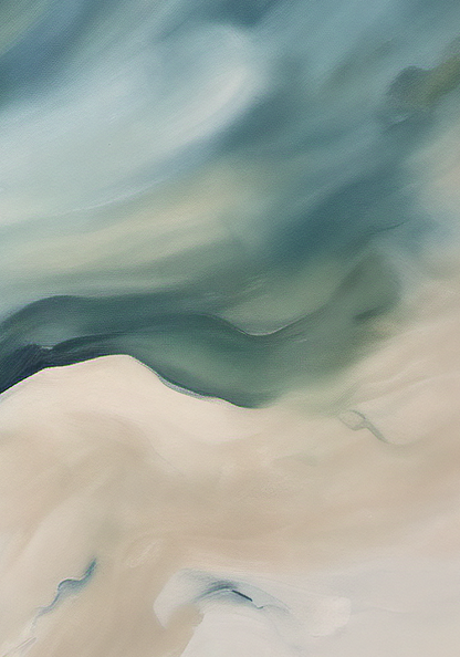 Abstract art with wavy blue and green patterns on a beige background