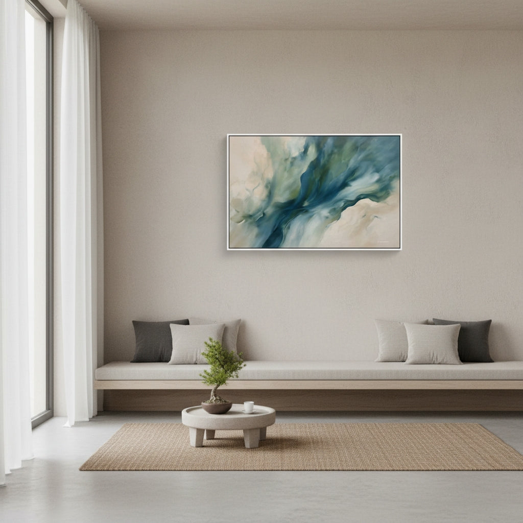 Modern living room with abstract art on the wall, a bench, and a small table with a plant.
