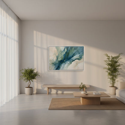 Modern living room with abstract painting, plants, and minimal furniture.