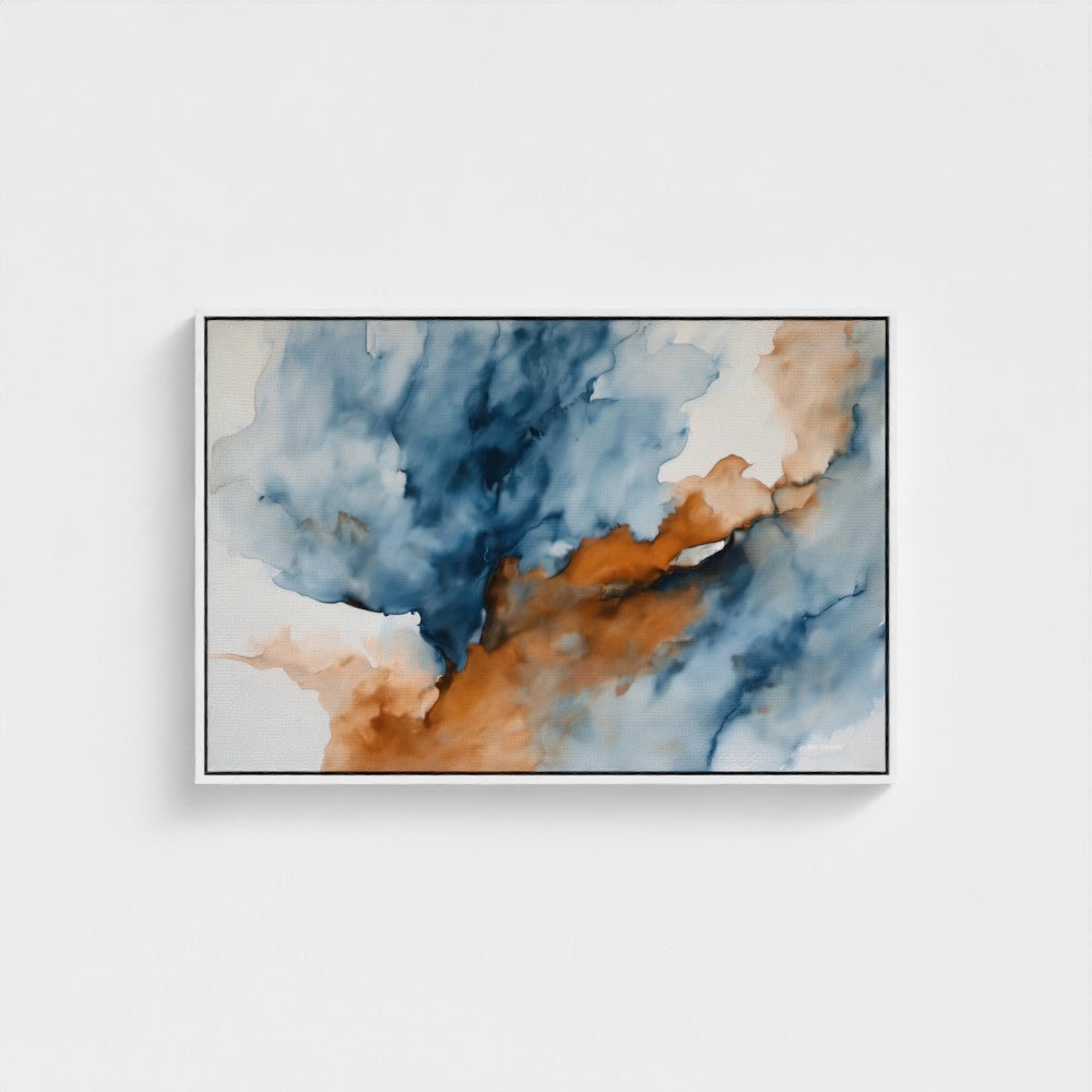 Abstract art piece with blue, orange, and white colors on a white wall