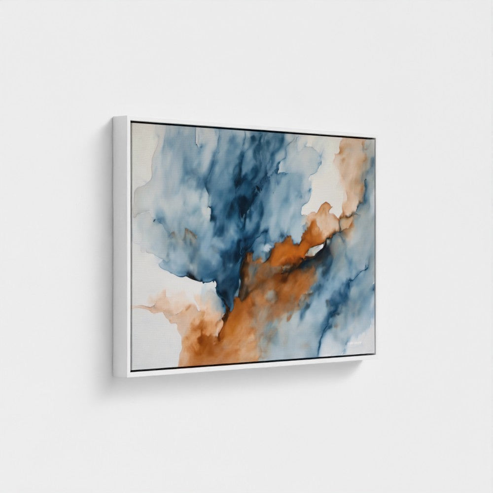 Abstract art piece with blue and orange tones on a white wall