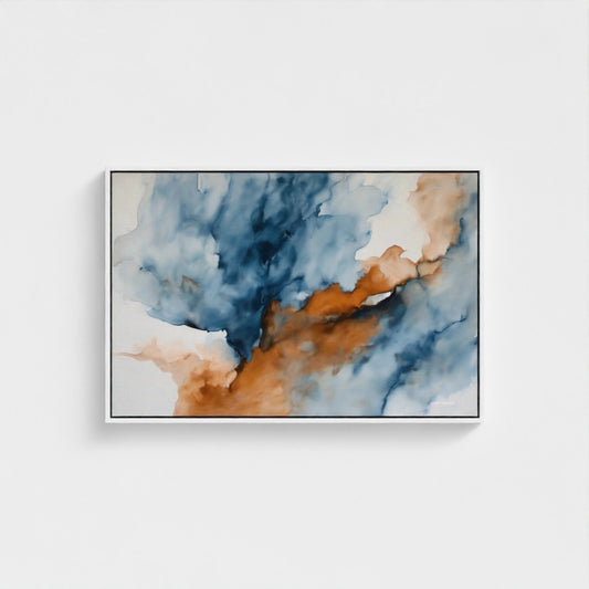 Abstract art piece with blue, orange, and white colors on a white wall